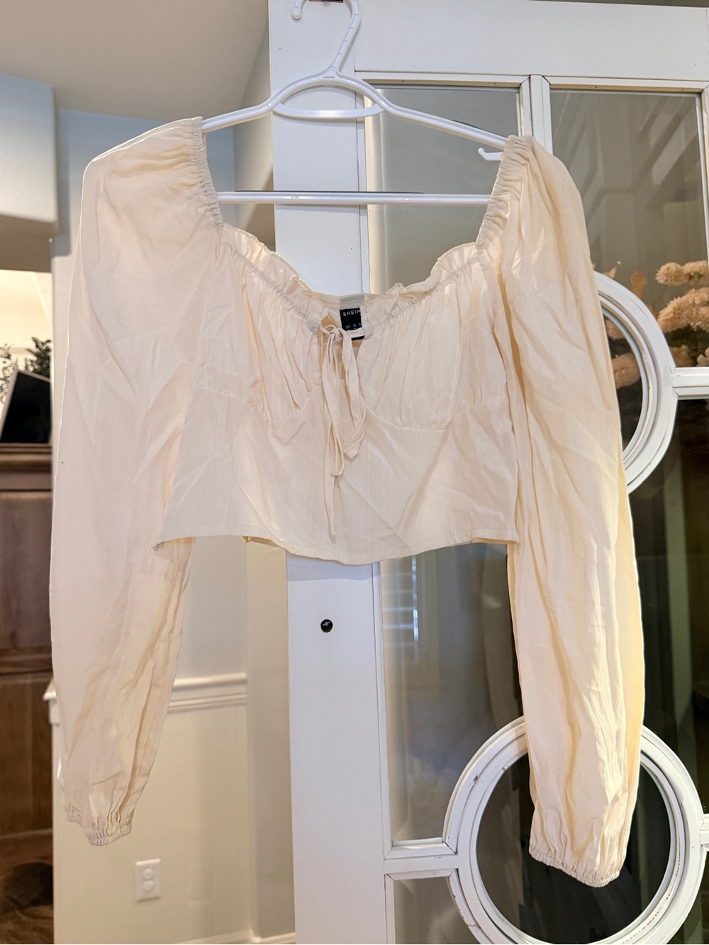 SHEIN Light Cream Off-Shoulder Tie-Front Blouse